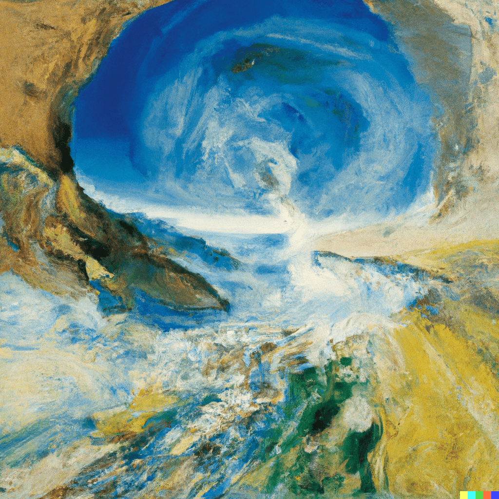 This image was created by Dall-E AI, using the following prompt, which was refined by Chat GPT: Compose a symbolic painting that captures the cyclical ebb and flow of life. The central image should be a figure on the precipice of a vast, shifting beach, symbolizing the 'liminal space' between action and inaction, where a wave continually crashes onto the sand. The painting should convey an underlying circular sense of hopeful continuity and growth.