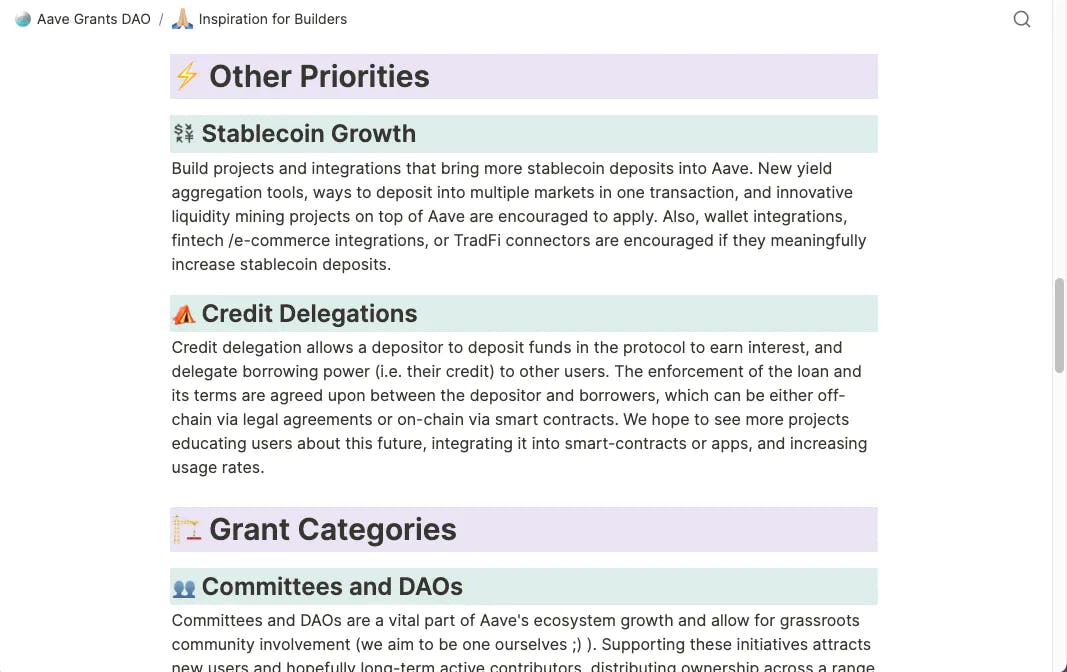 Aave Grants DAO's RFP-like "Inspiration for Builders" page
