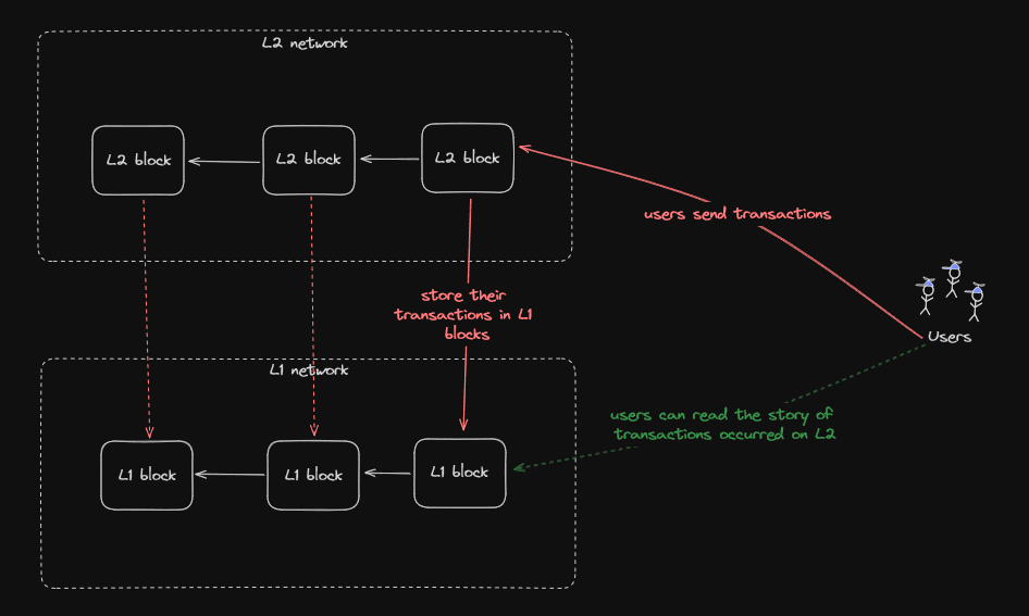 Users may send transactions to an L2, using it just like they'd use an L1 blockchain! They may also consult the L1 network that stores the L2's transactions to verify what happened on the L2!