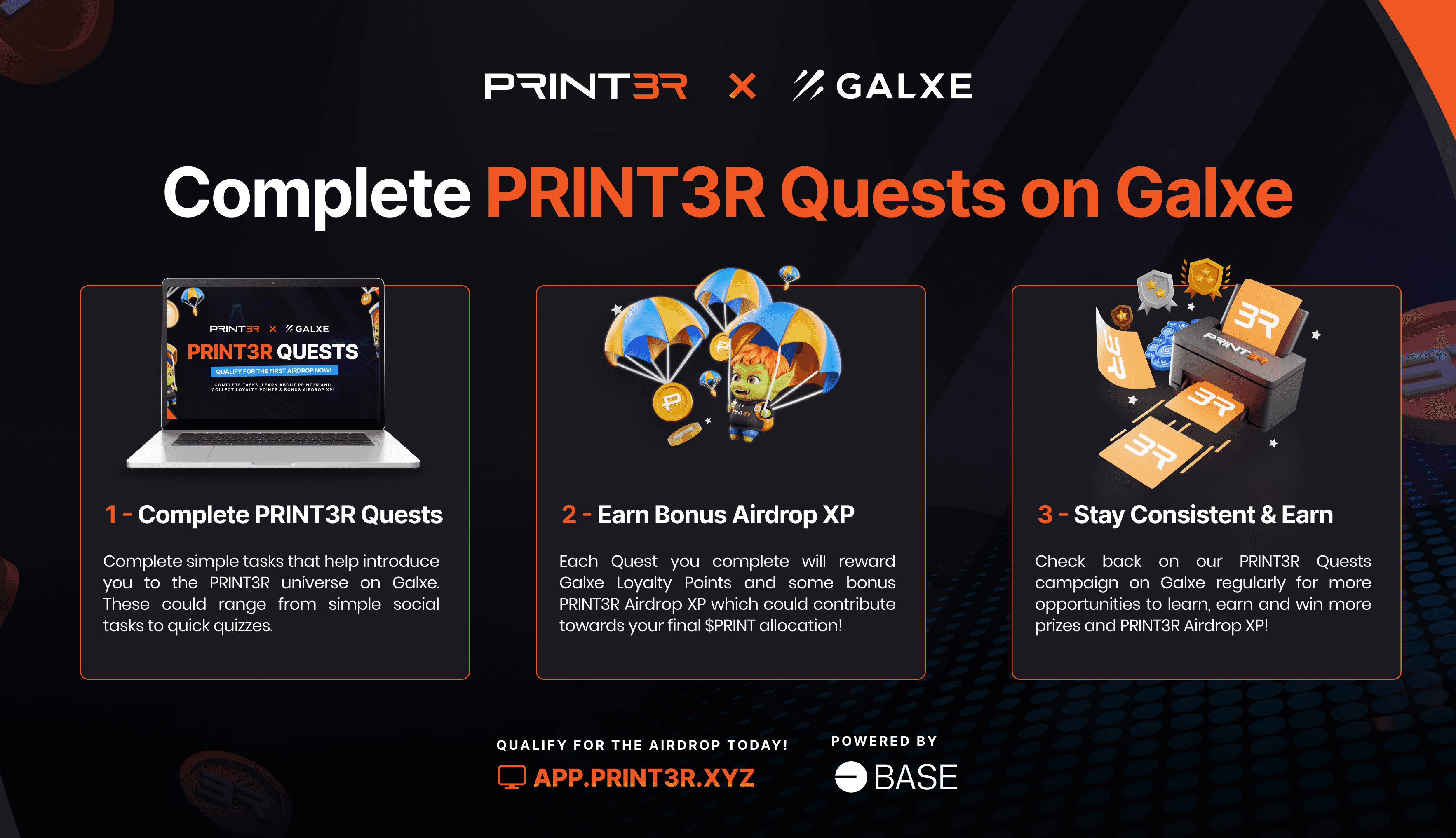 PRINT3R Quests are a simple way to earn bonus XP for the First PRINT3R airdrop on Base.