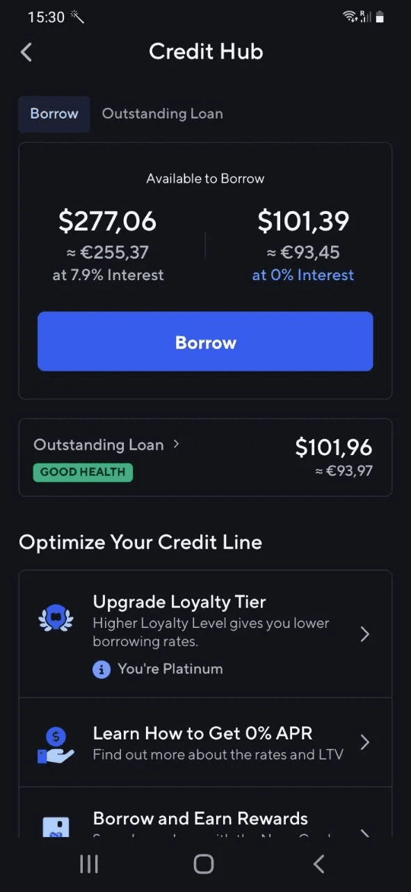 Options to borrow in the Nexo app