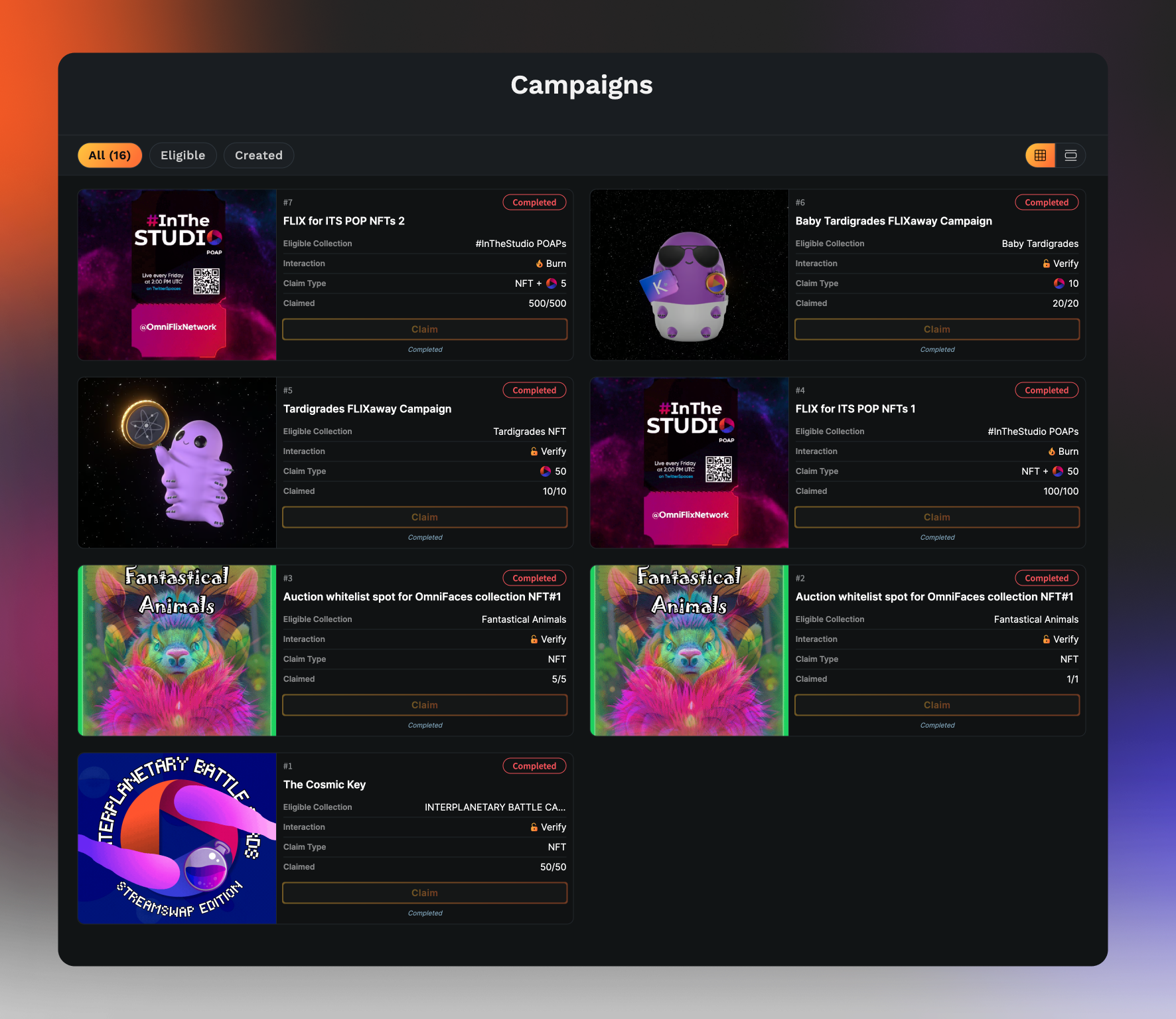 A preview of the campaigns page on OmniFlix.market