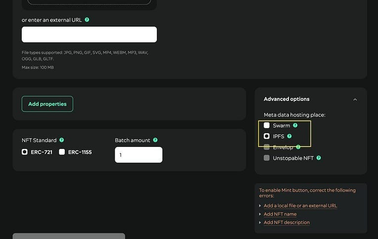 Mint NFTs to Swarm or IPFS