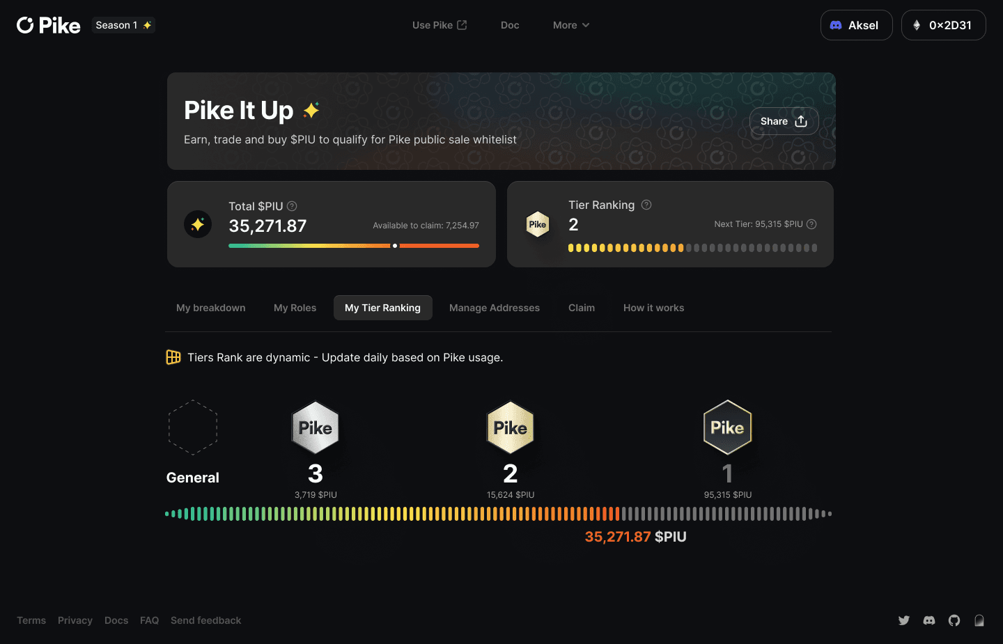 Tiers are dynamic and updated daily, and you’ll be able to see exactly where you stack up. The amount of $PIU you hold is less important than how much you hold relative to everyone else participating.