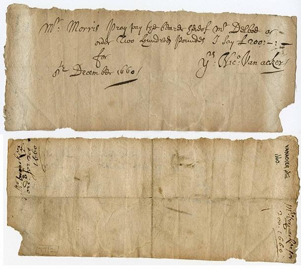 The earliest cheque from 1660 in the collection of the Bank of England. Handwritten by Nicholas Vanacker. It instructs William Morris to pay £200 to Mr Delboe. 