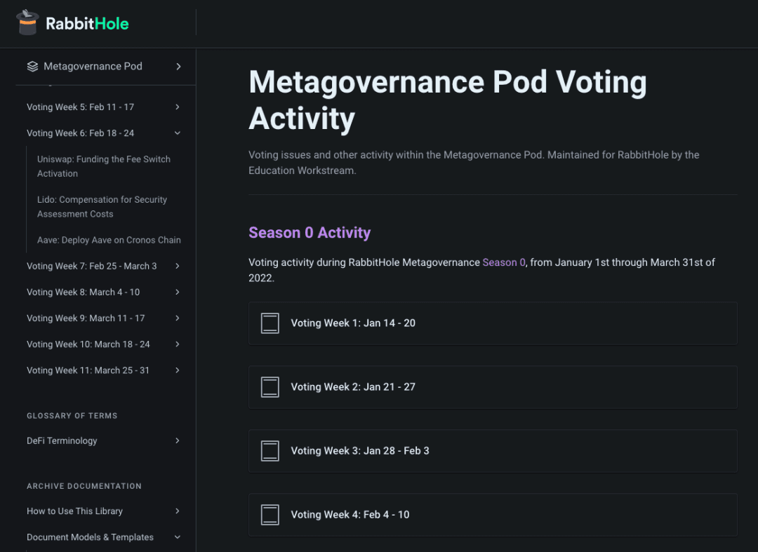 RabbitHole Metagovernance Pod 投票公示界面 metagov.rabbithole.gg/