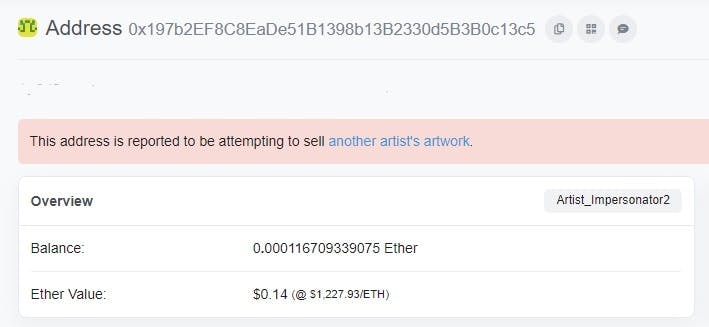 Example of tagged thief's wallet looks like on etherscan