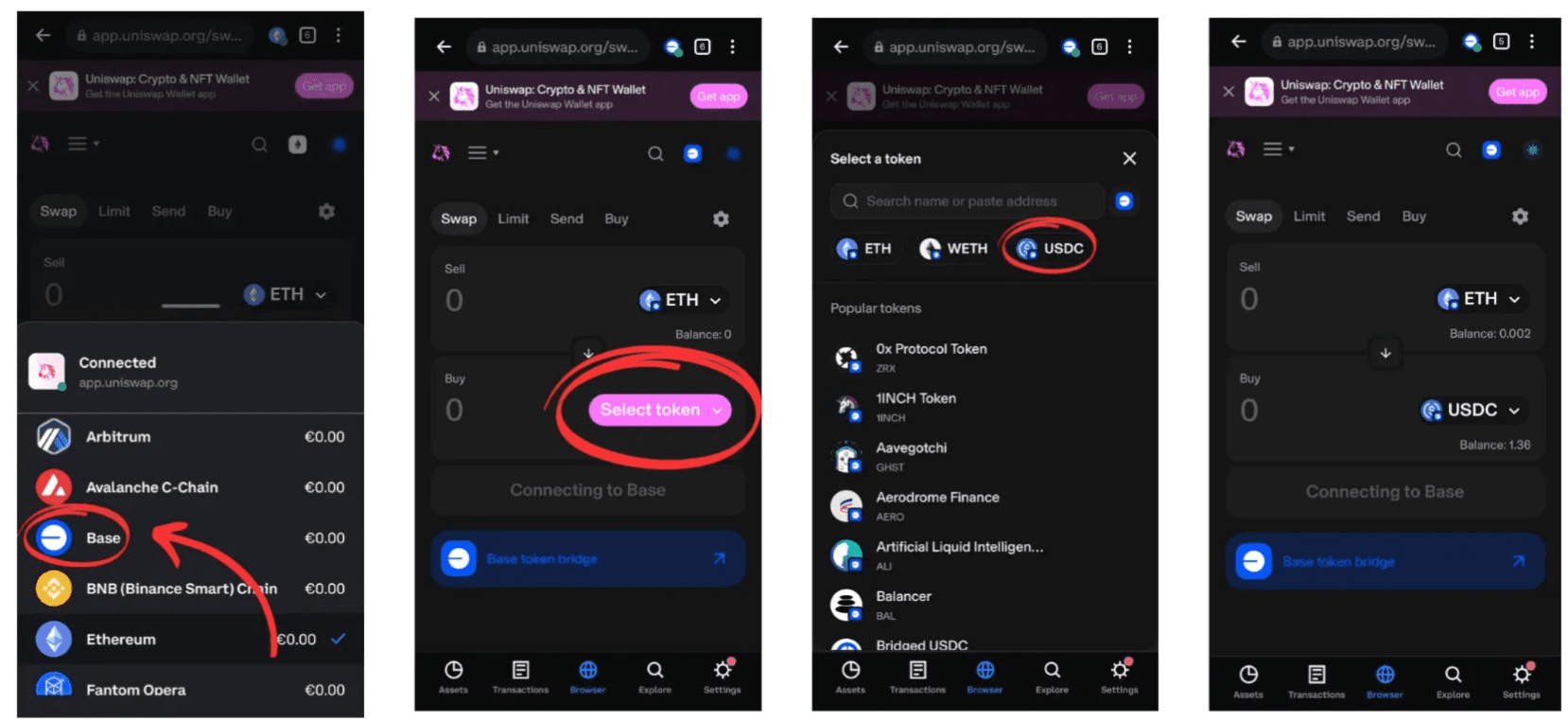 Swapping Ethereum to USDC using Uniswap on Coinbase Wallet