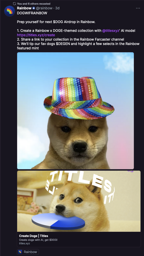 Announcement of the titlesxyz+ownthedoge+rainbow collab