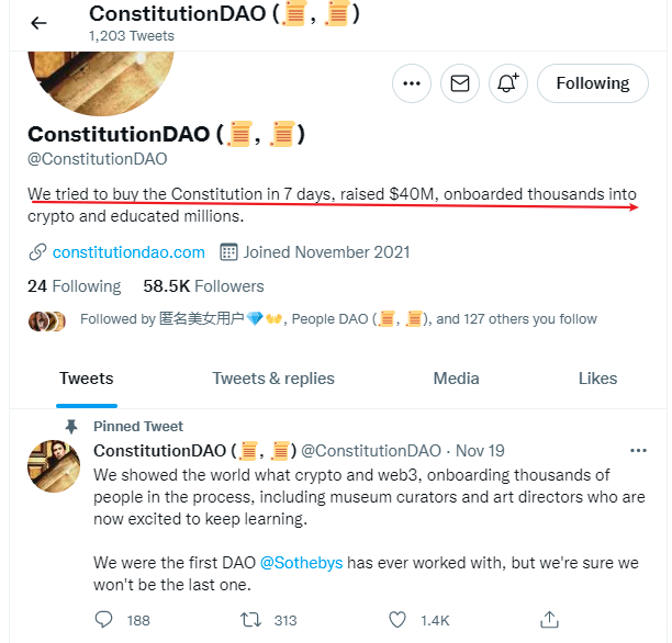 ConstitutionDAO的推特