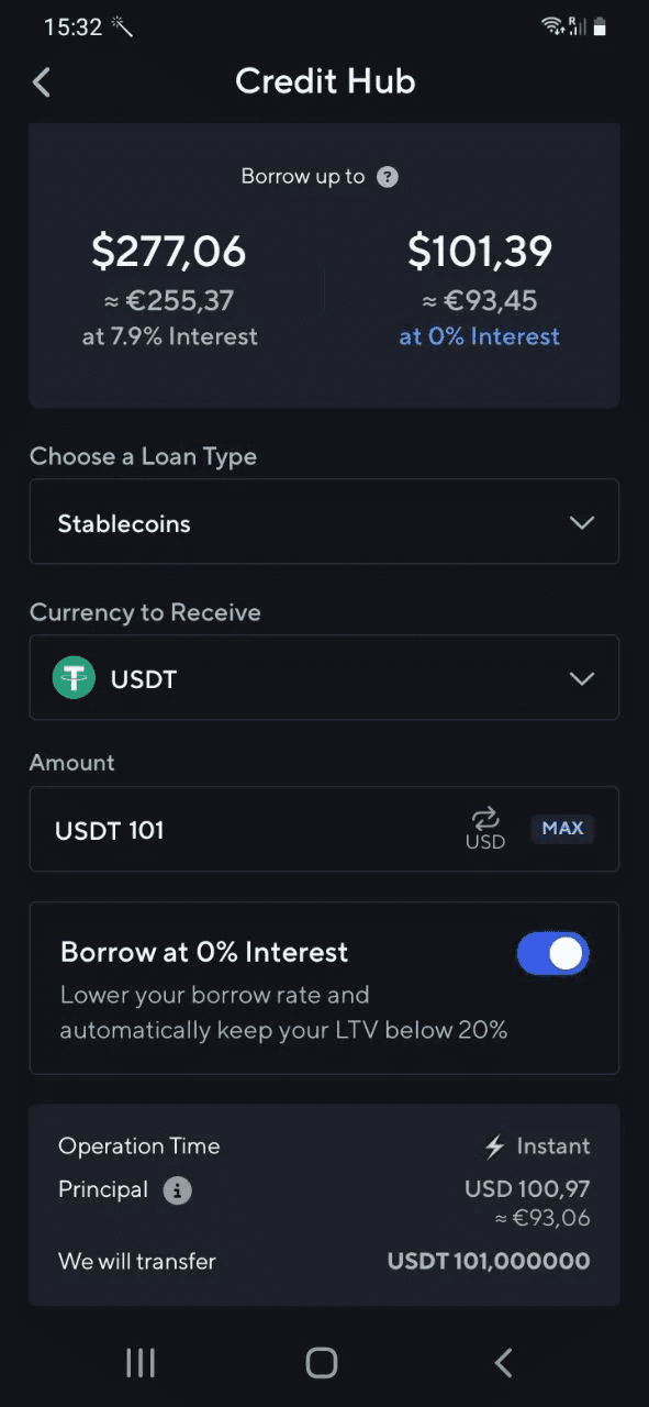 Choose the loan type in the Nexo app