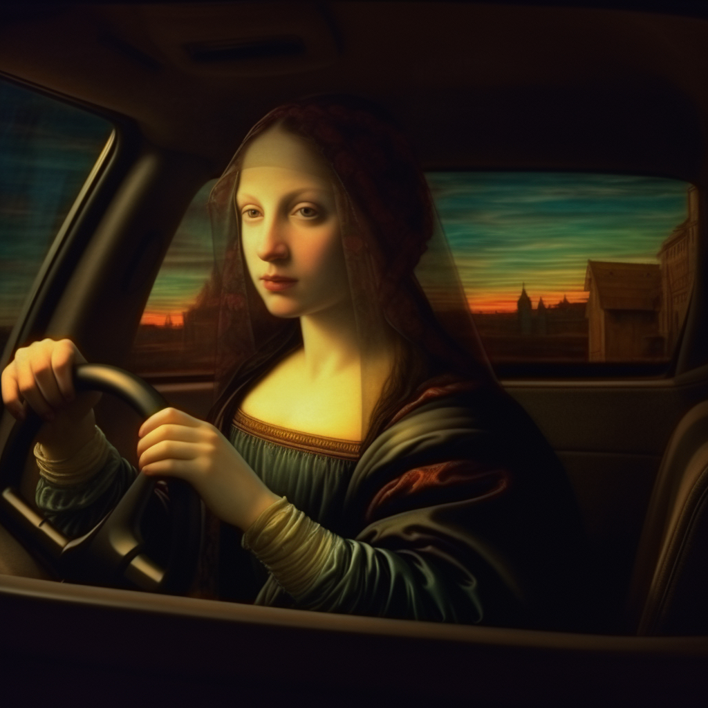 This is non-fungible though very easy to make with Midjourney. mona lisa driving a sports car, rembrandt style soft light, hyper detail --v 5.1 