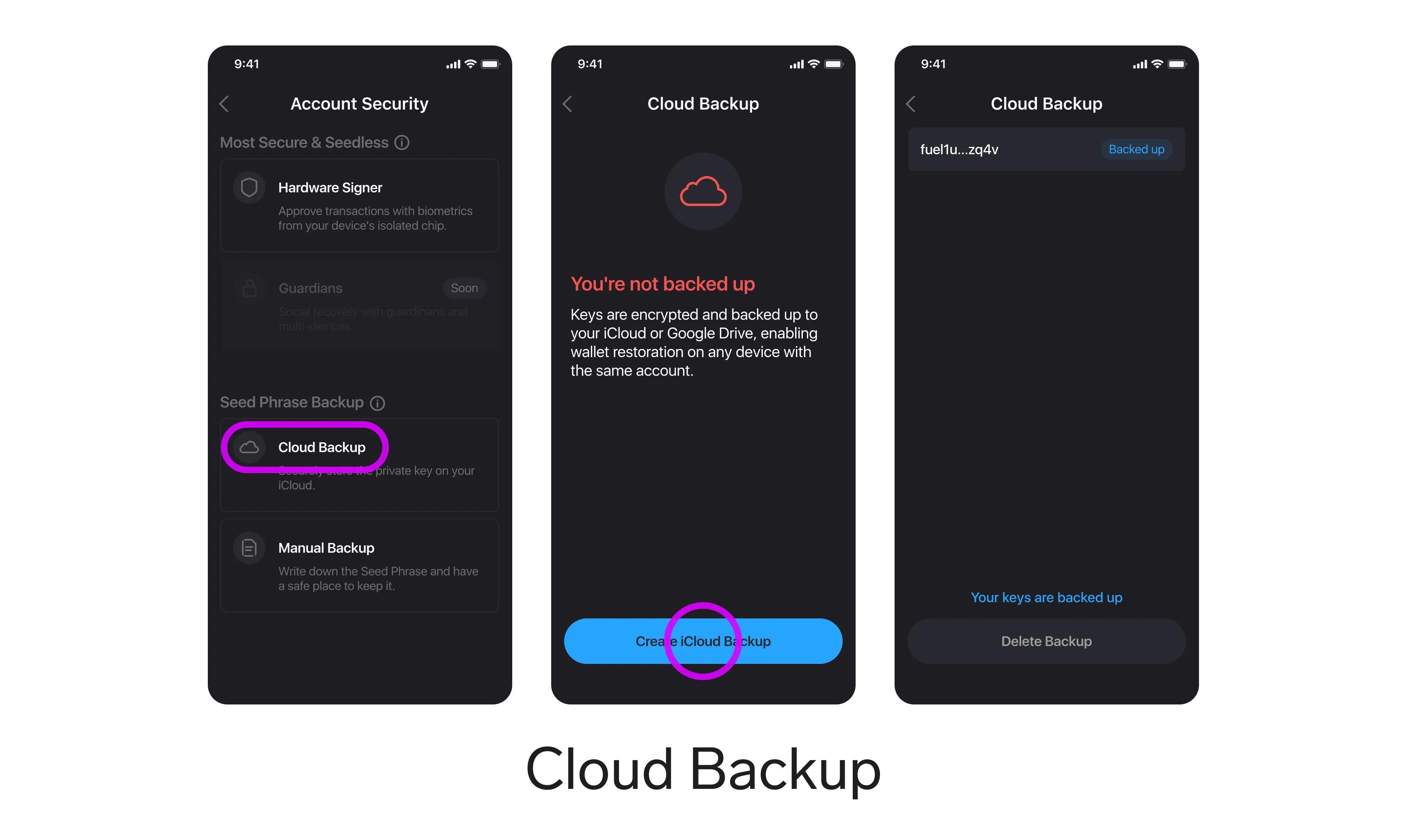 Turn on the Cloud Backup, steps 4–6 