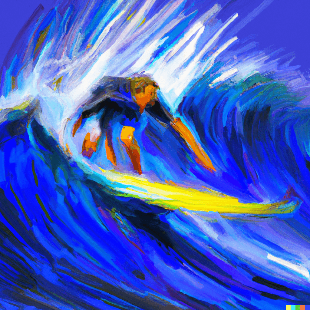 This image was created by Dall-E AI, using the following prompt, which was refined by Chat GPT: Create a dynamic illustration capturing the exact moment a novice surfer is tossed from a towering wave, using vibrant colors and expressive lines to convey the exhilaration and challenge of the surfing experience.