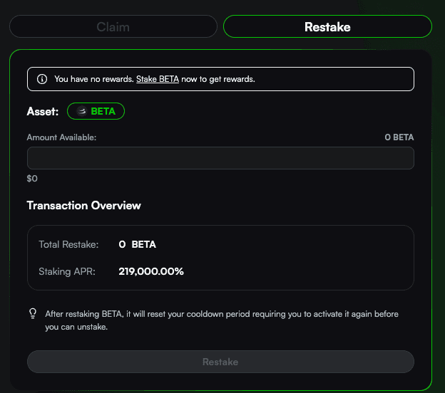 Enter the amount of BETA you would like to claim and restake!