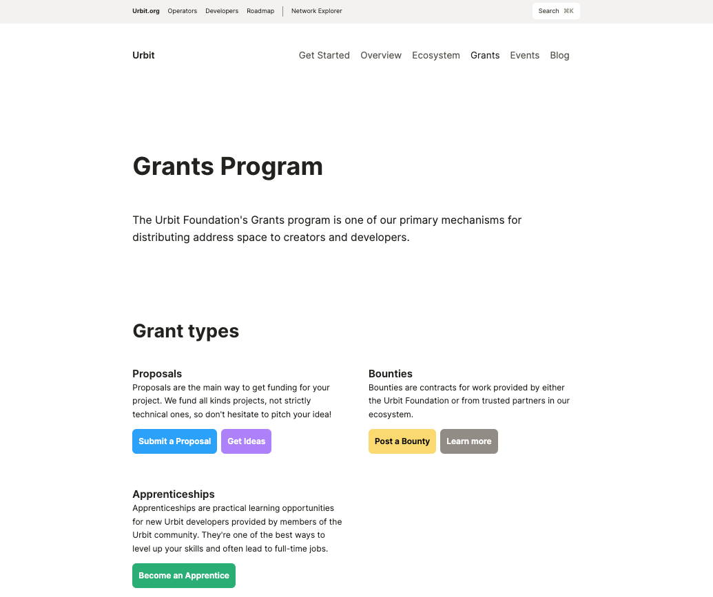 Urbit's page outlining its types of grants