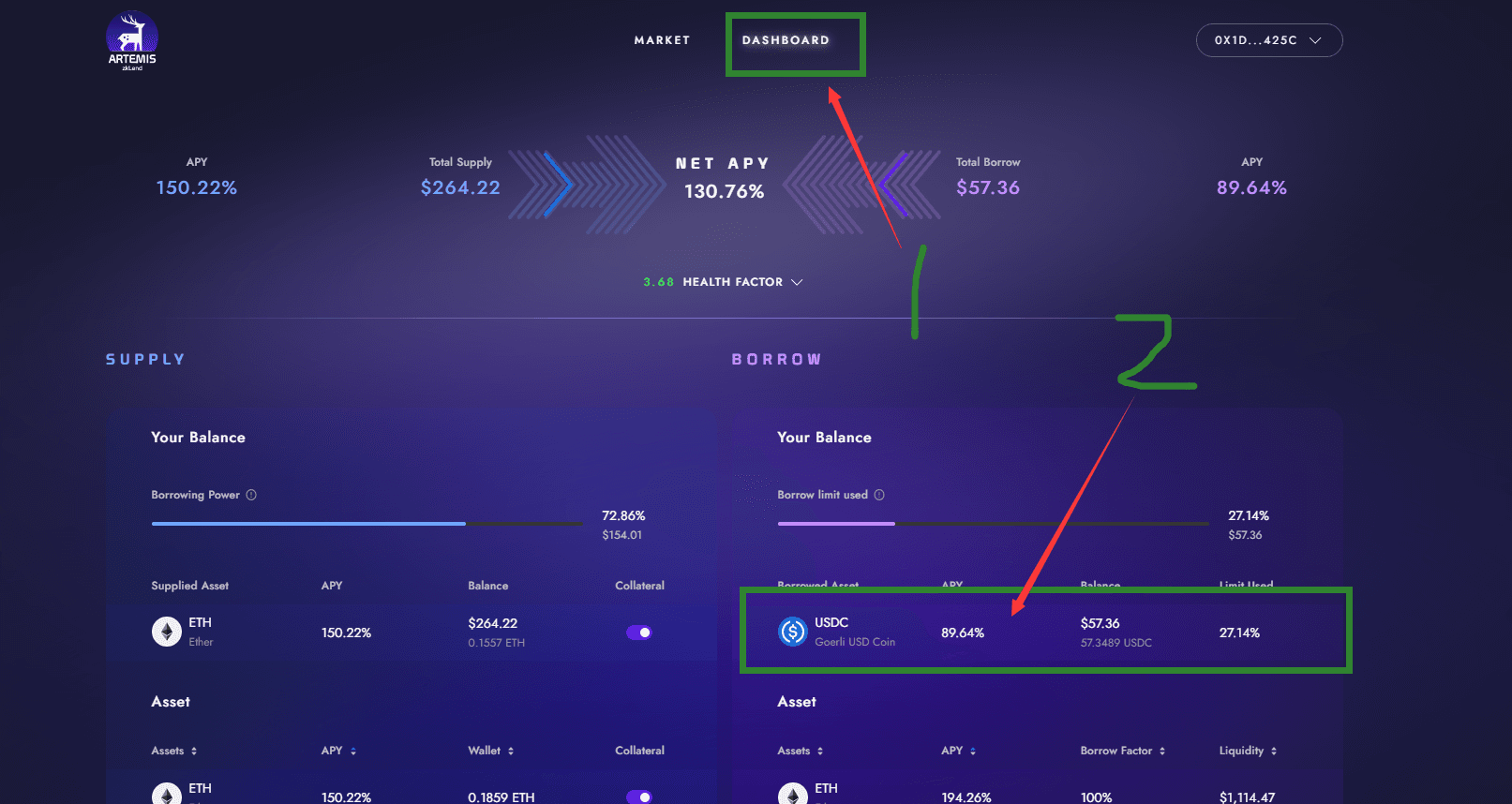 选择DASHBOARD模块，点击usdc归还一部分usdc