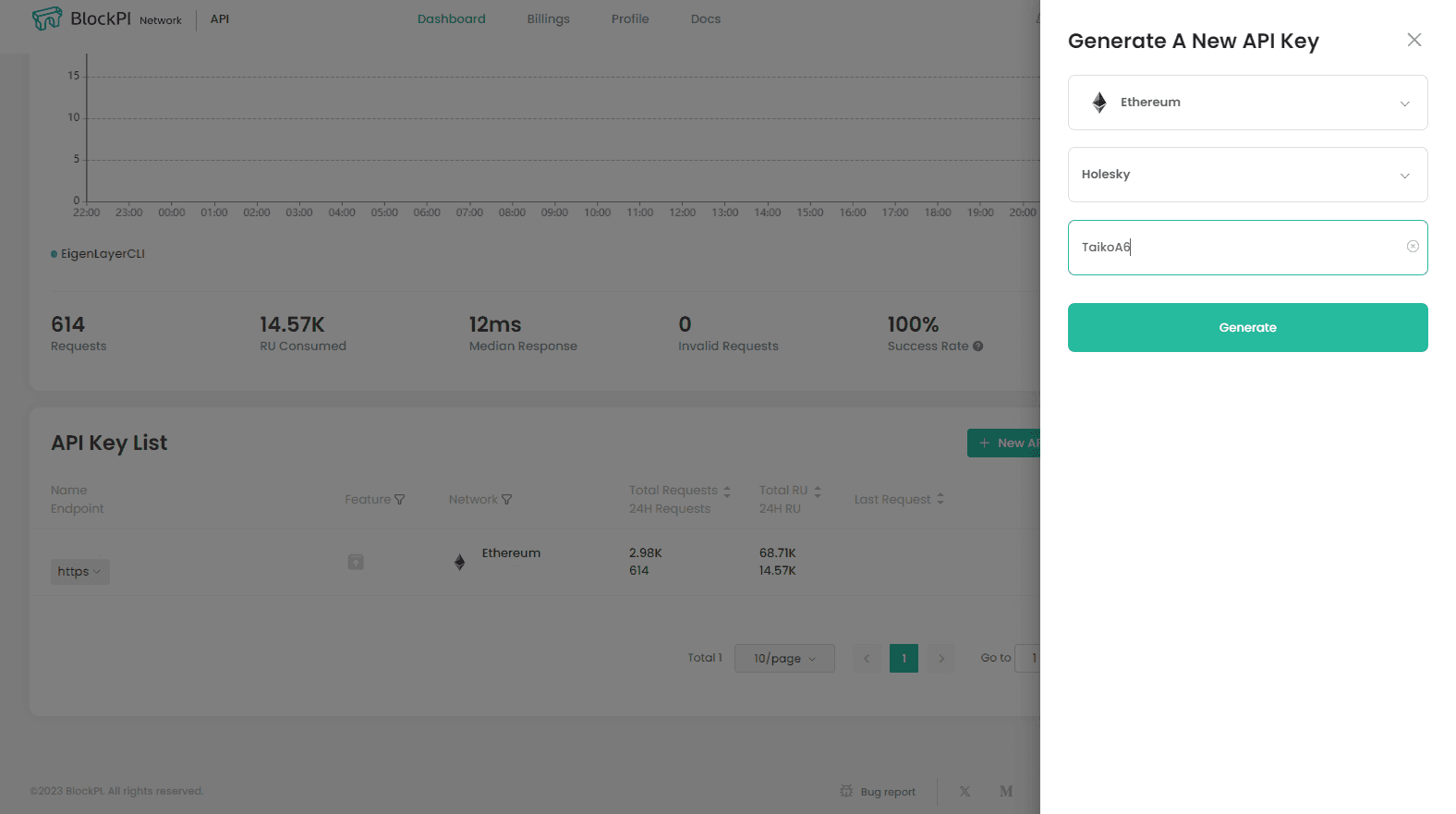 Create a new API Key on BlockPi: https://dashboard.blockpi.io/