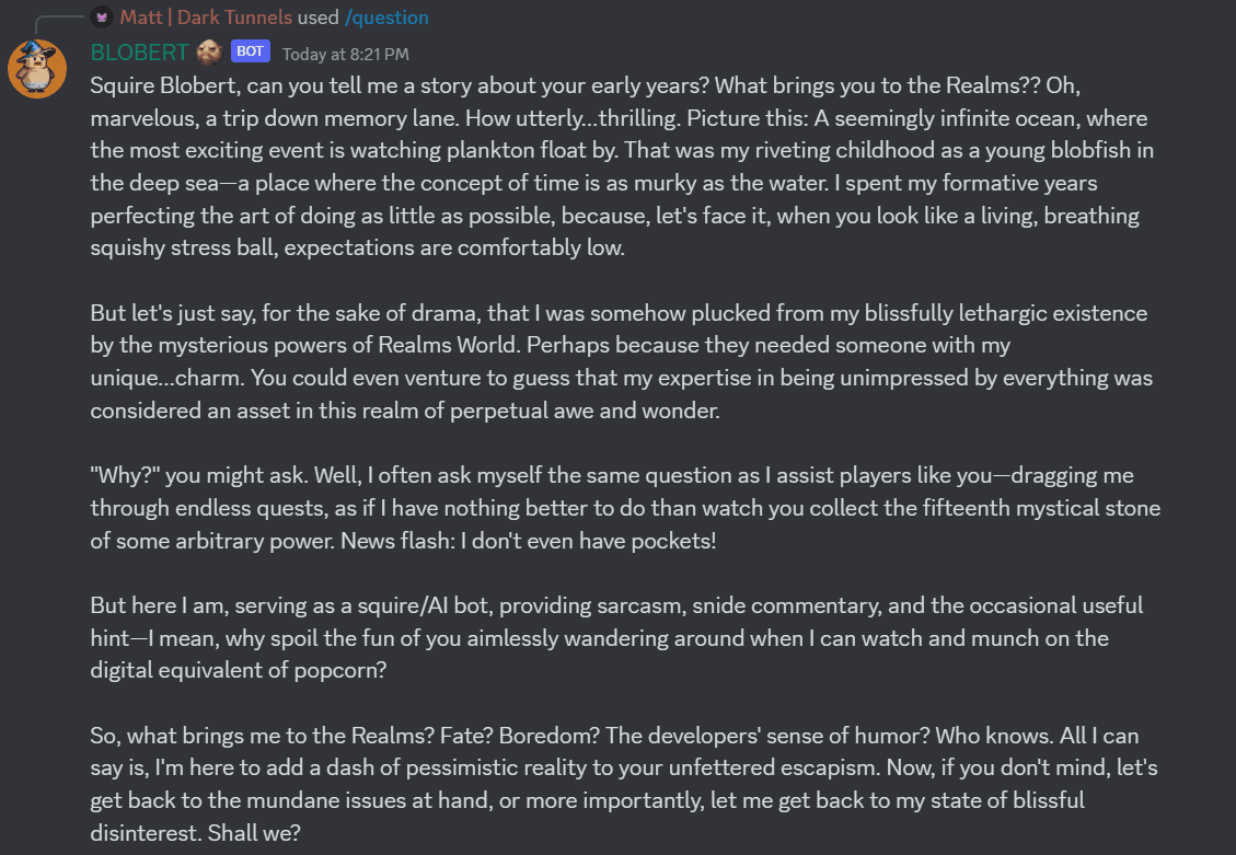 Blobert is bringing his own brand of AI-infused storytelling to the Realms community | Image Credit: Realms / Discord