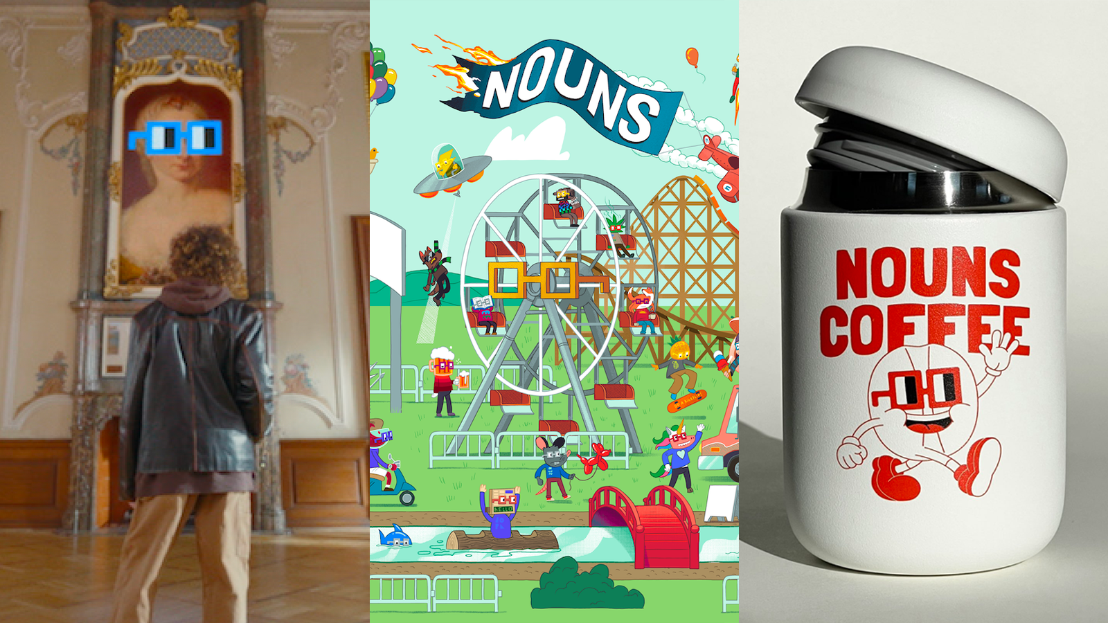 Nouns SuperBowl Ad, Nouns Around Town, and Nouns Coffee (from left to right)