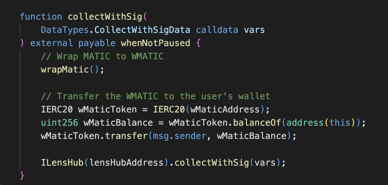 collectWithSig method in LensMaticWrapper contract