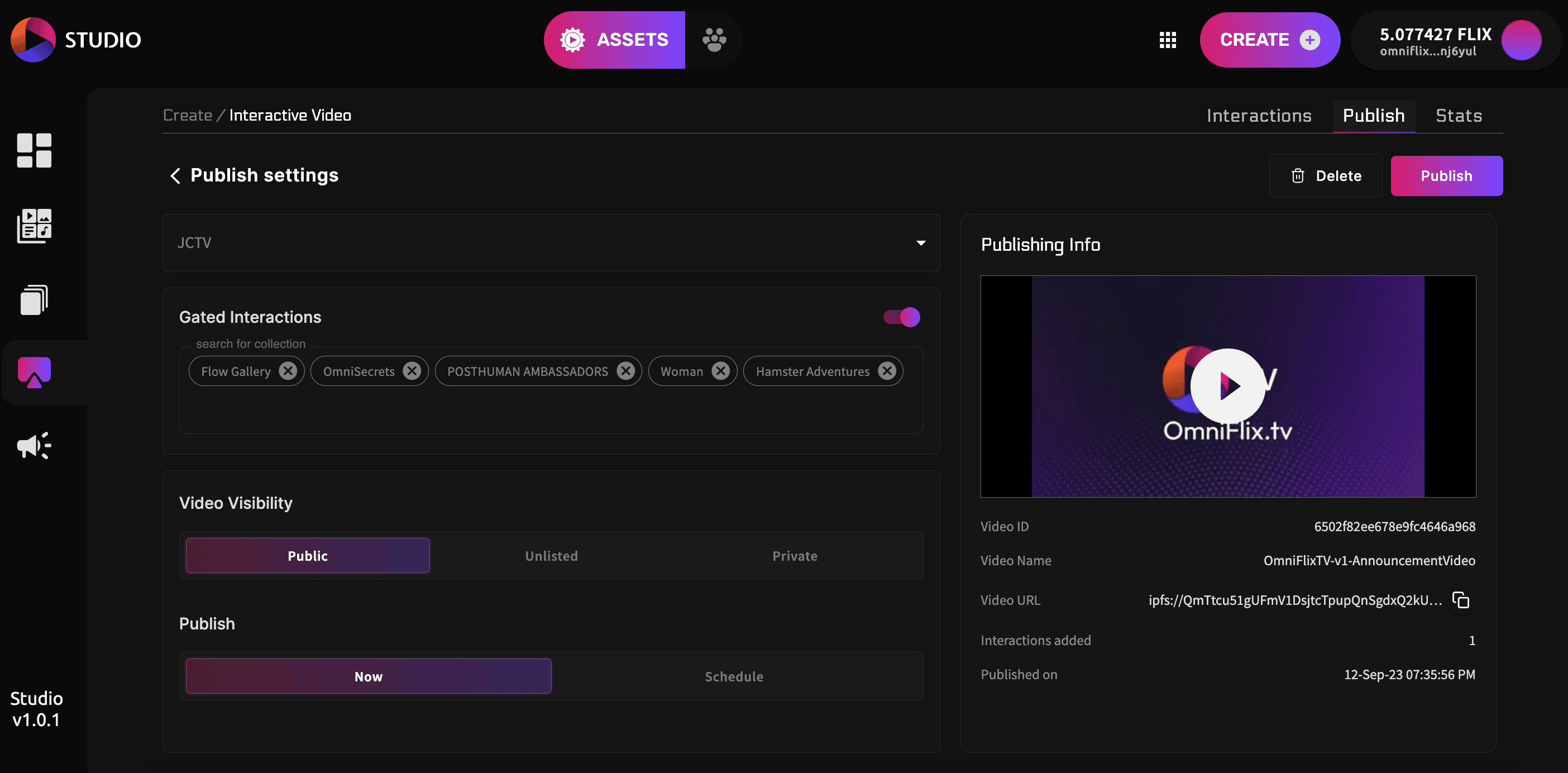 A preview of configuring Gated Interactions while publishing a video via app.OmniFlix.studio 