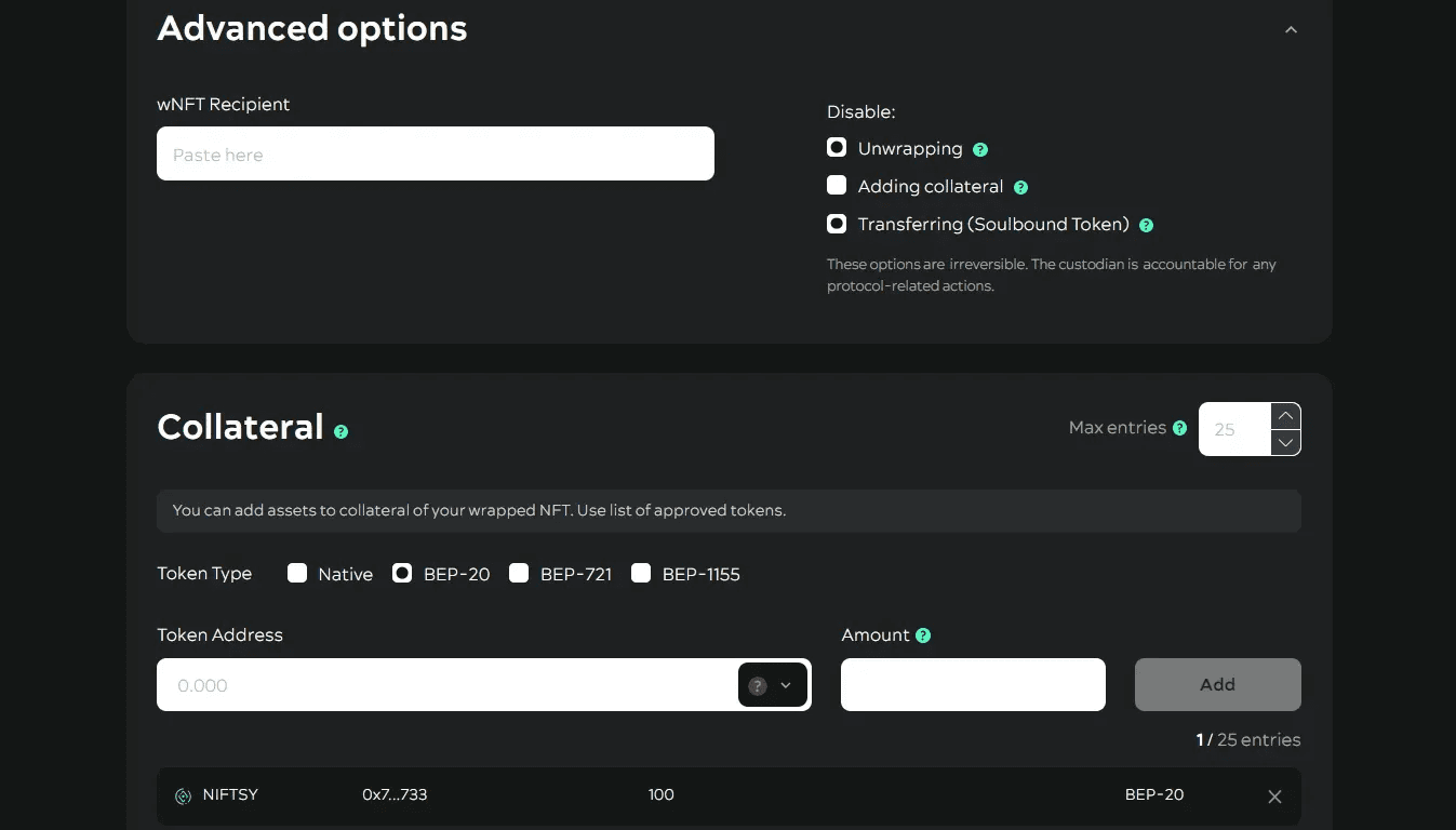 Advanced options in Envelop wrapper dApp 