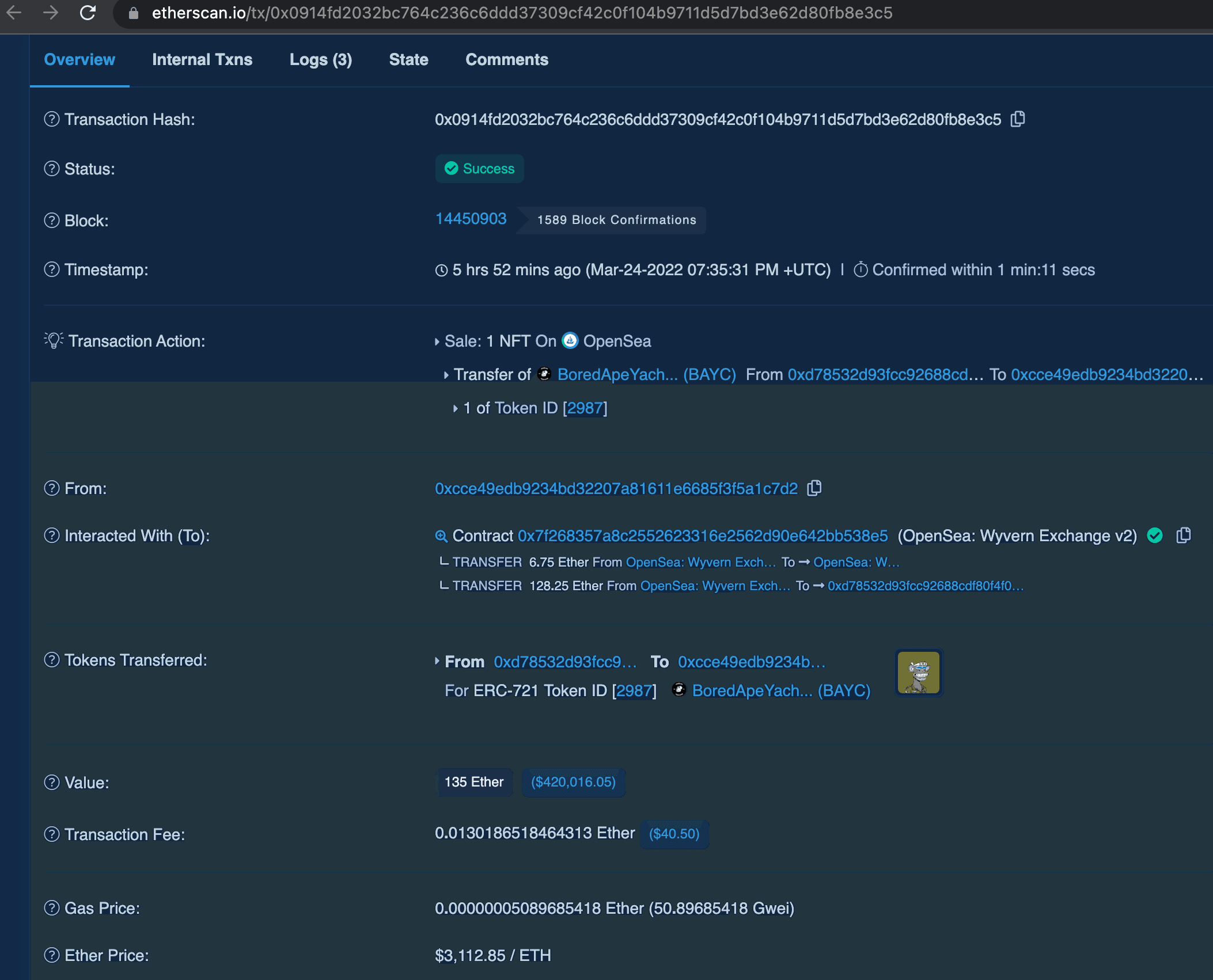 Sale and transfer of ownership a Bored Ape Yacth Club, this is public to everyone. Source: Etherscan.io  