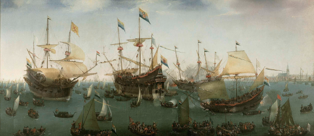 “第二次东印度探险队返回阿姆斯特丹”，by 亨德里克·科尼利斯·弗鲁姆（Hendrik Cornelisz Vroom），1599年。这幅画展示的是1599年第二次荷兰贸易远征队前往东印度后，Overijssel 号、Vriesland 号、Mauritius 号和 Hollandia 号回到阿姆斯特丹的景象，画中右面是阿姆斯特丹。