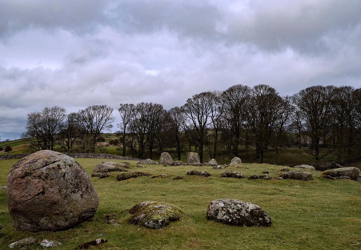 The Gunnerkeld stone circle. 'Gunnerkeld' comes from the Old Norse for the 'Spring of Gunnarr'.