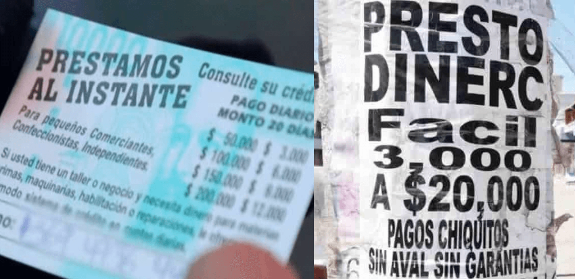 Figure 1. Micro-credit ads on the street. The image is a mix of two. The one on the left shows the borrowing amounts and the daily payment at a maturity of 20 days. The one on the right says: “Easy money lending $3,000 to $20,000 [MXN] Small payments, without guarantor nor guarantees [phone number and name of the lender]”. Picture extracted from Imagen del Golfo, 2022, remixed by author.