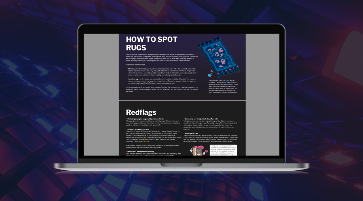 From 'NFTs for Newbies' Ebook, outlining ways to spot a rug and red flags to look out for.