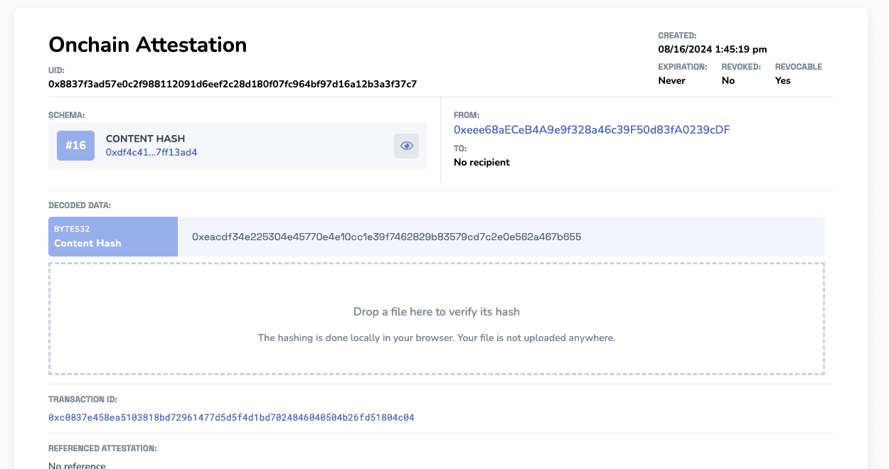 Example content hash attestation on Base that represents a hash of the Transitive Trust whitepaper.