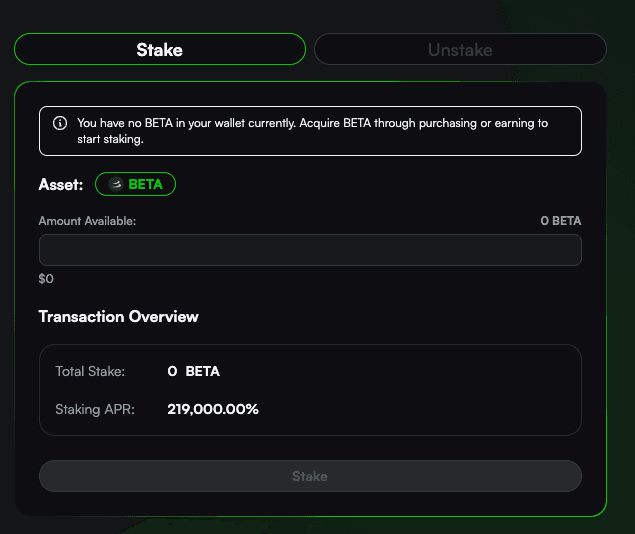 Enter the amount of BETA you wish to stake and click "Stake"