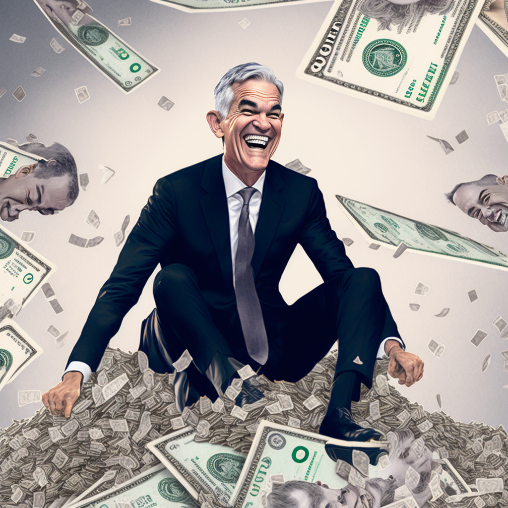 Jerome Powell laughing sliding down a mountain of dollar bills currency money; Compliments of Midjourney AI