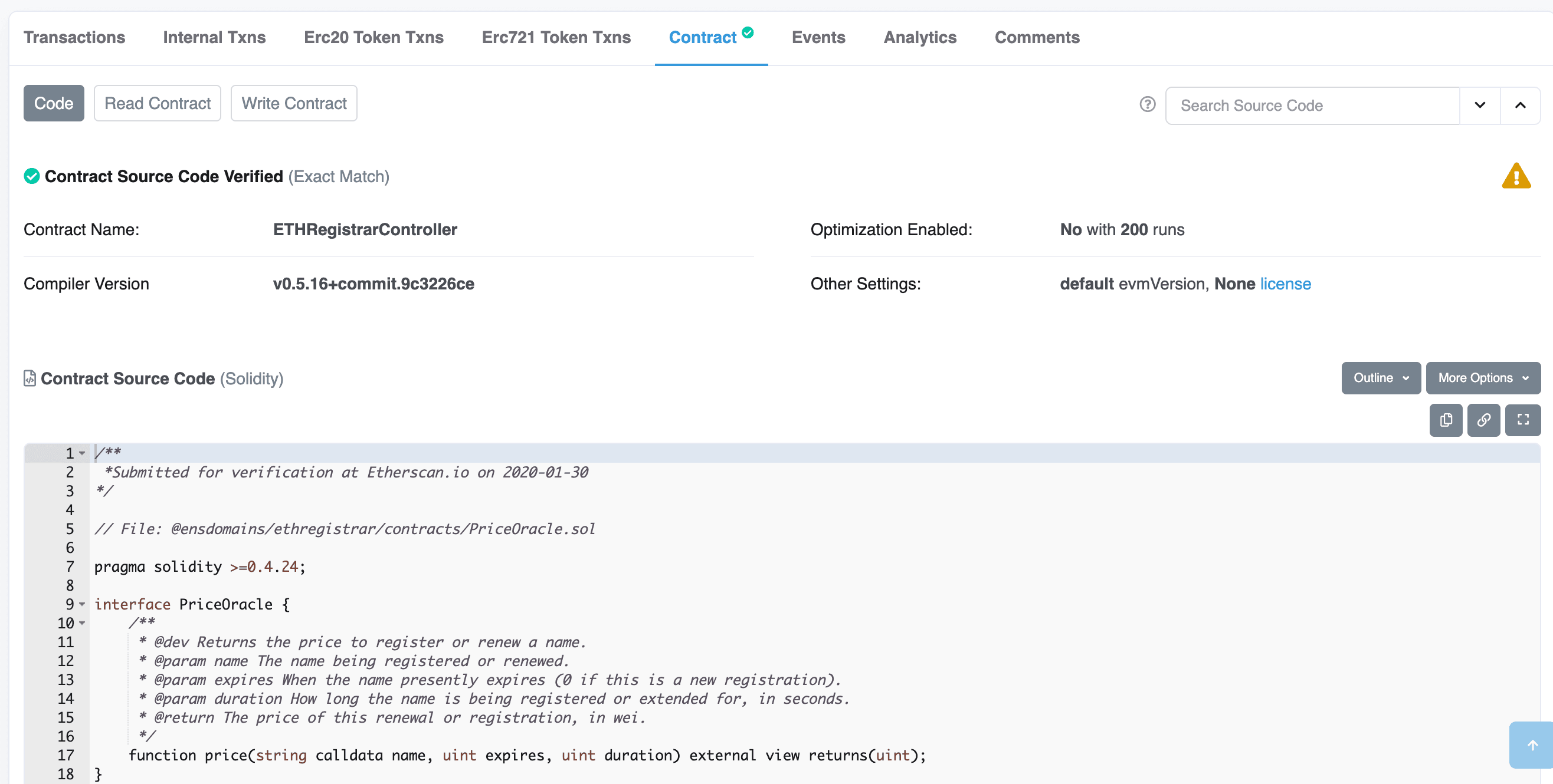 Select the Contract tab to view the smart contract's source code