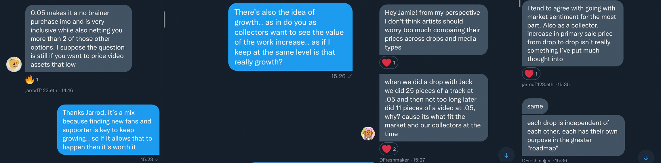 It was interesting to hear for me that the growth of price wasn't important to many collectors, its something that I used to hear a lot when i started out, probably because we were looking at PFP projects a lot more back then.