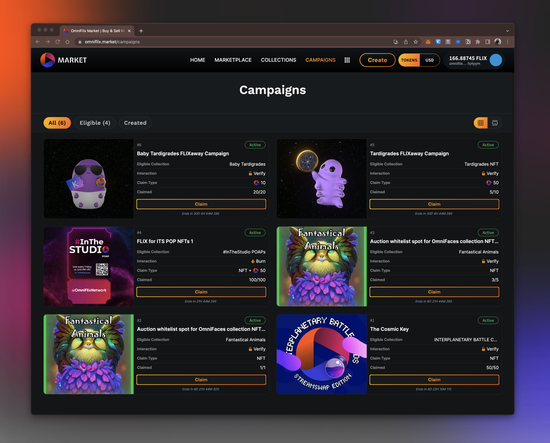 Interact-to-Claim module on the Campaigns page of OmniFlix.Market