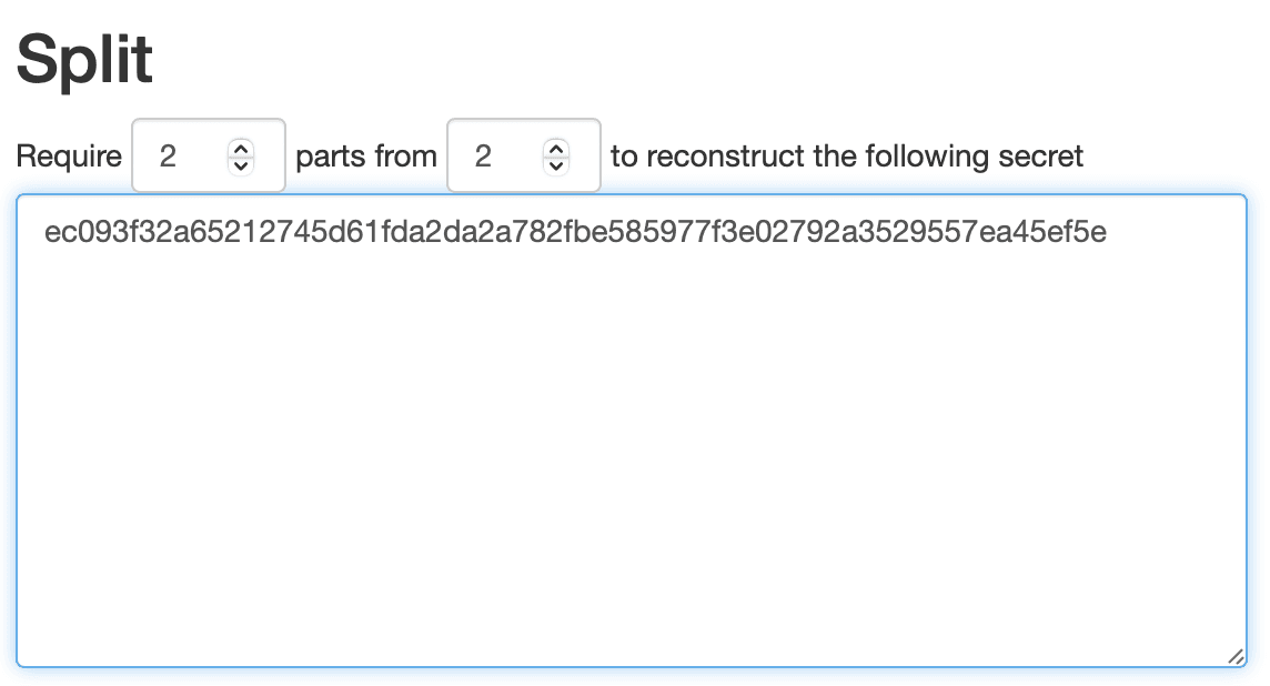 以隨機產生的一把私鑰（ec093f32a65212745d61fda2da2a782fbe585977f3e02792a3529557ea45ef5e）為例，並將其設置為 2-of-2，也就是總共會有兩個 Share，也需要兩個 Share 才能還原出私鑰