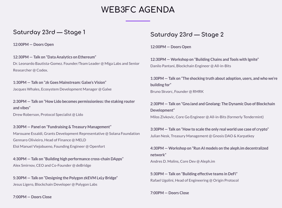 Web3FC Agenda for Saturday 23rd September 2023