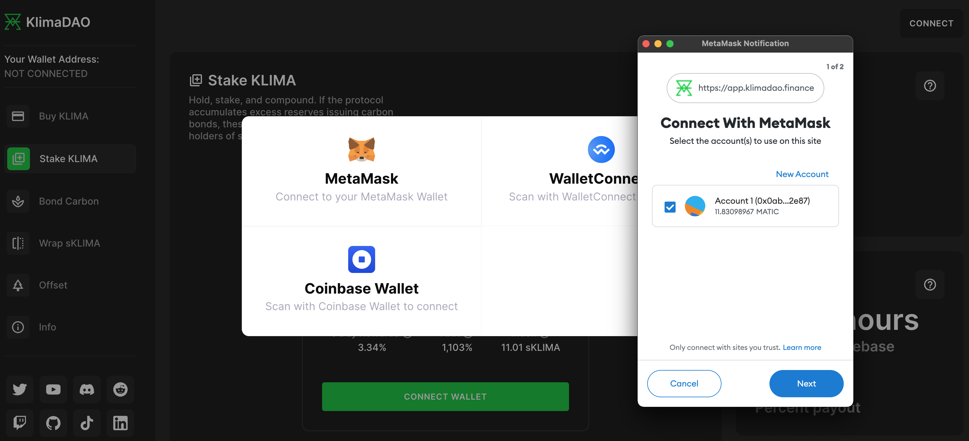 Connect your wallet to let the dapp see your $KLIMA token balance