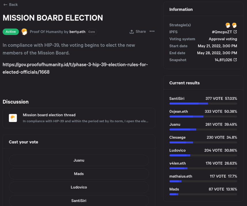 Mission board election provisional results on snapshot.org