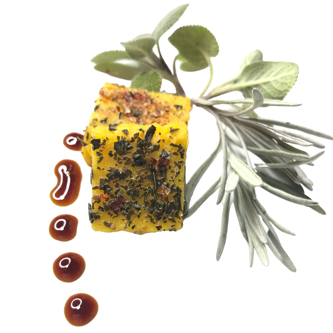 Burmese Sabbatical: Hand-crafted Burmese Tofu; 7 days fermented. Dressed in fresh sage, rosemary, chili flakes, cumin, crushed peppercorn & sea salt. Pan seared in grape seed & virgin coconut oil. Served with fresh herbs & date syrup. 