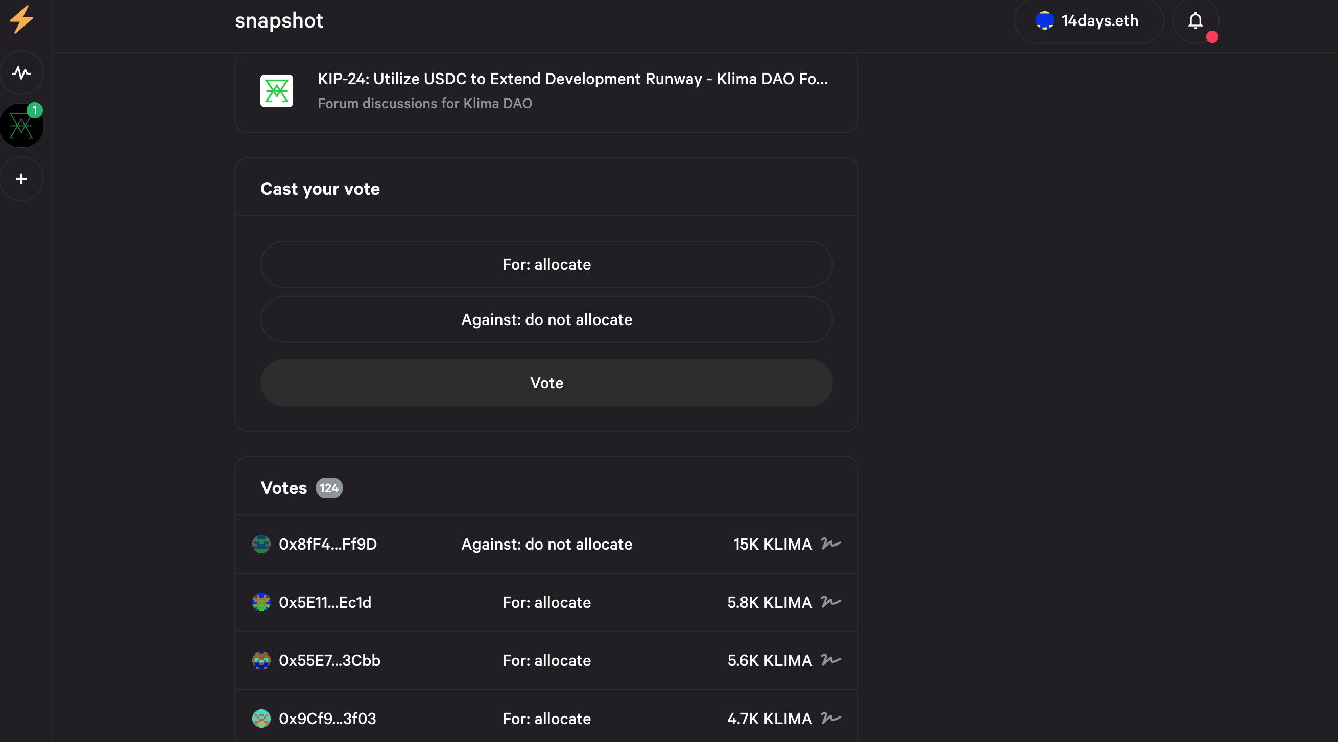 Snapshot displays a live tally of votes, weighted by KLIMA tokens