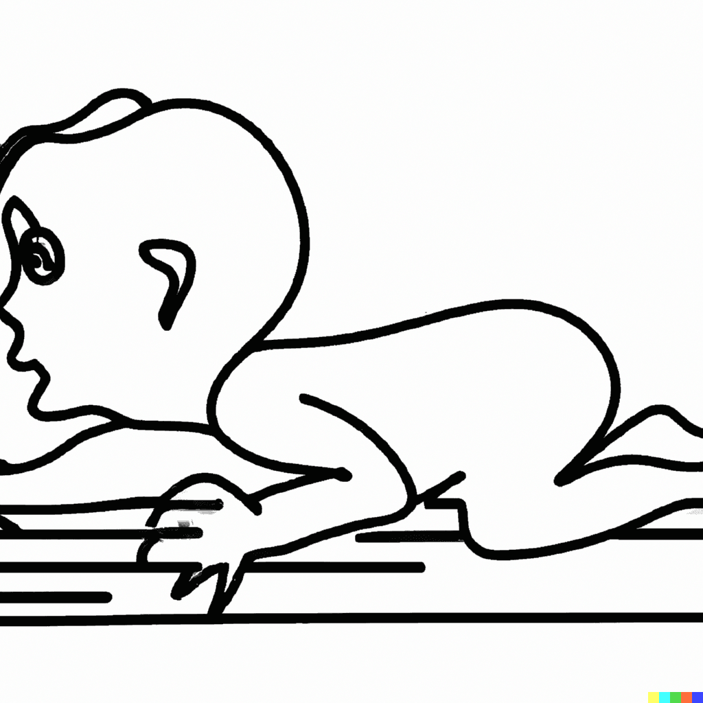 This image was created with DALL-E AI, using the following prompt: Black and white abstract line drawing of a baby learning how to crawl.