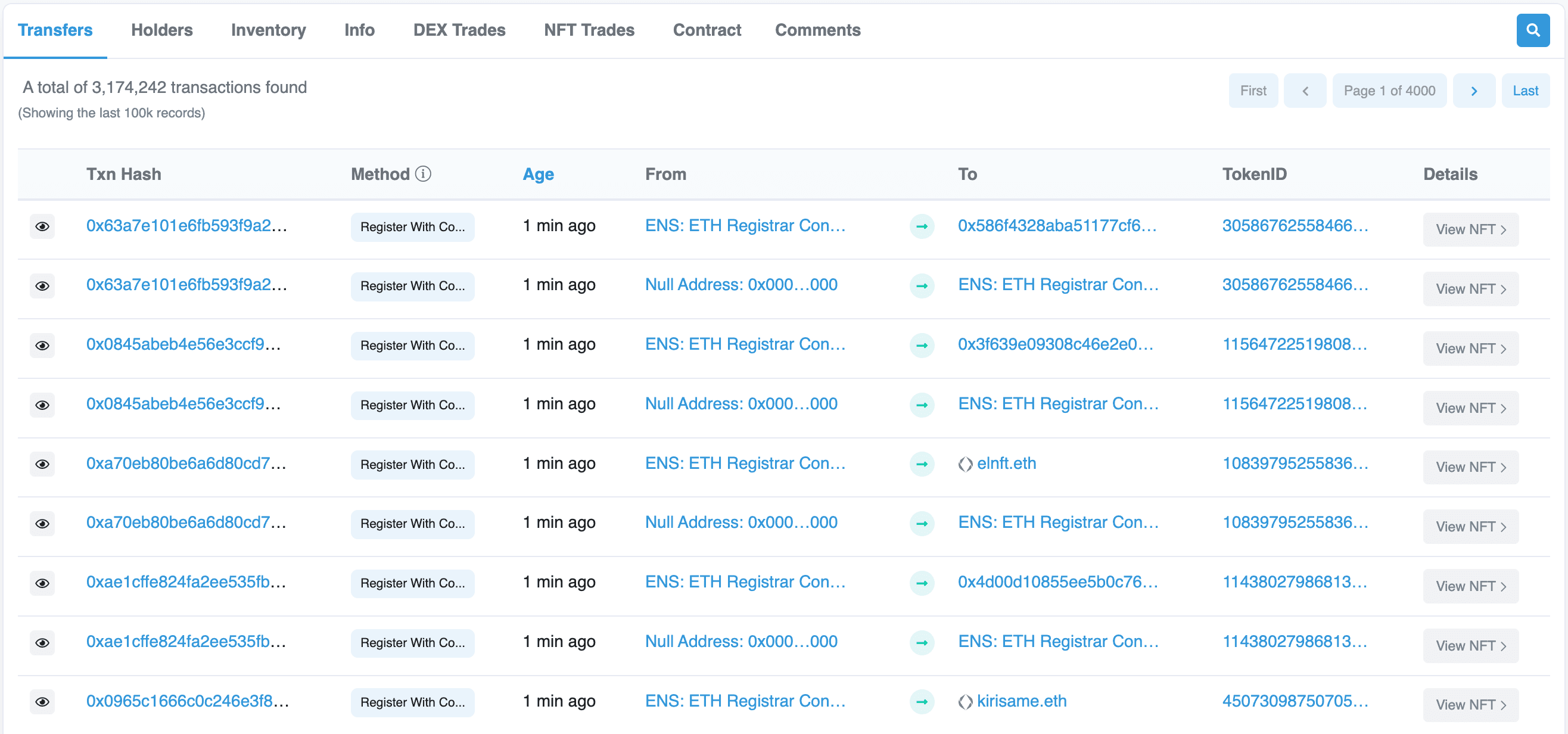 View the latest transactions that involve an ENS non-fungible token