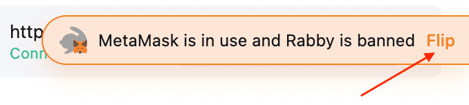 Here MetaMask has been toggled, so MetaMask will be the injected connector. Clicking “Flip” will switch it back to Rabby.