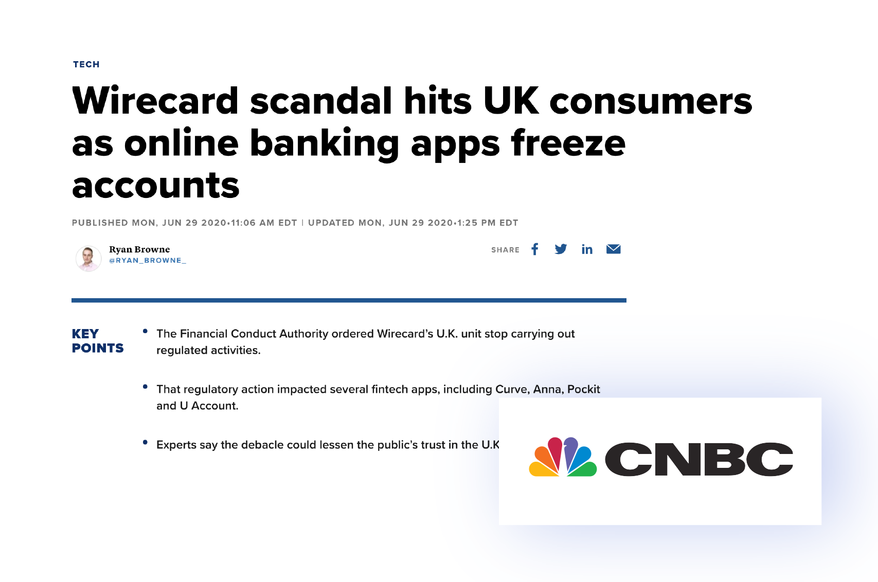 Wirecard申请破产导致许多英国客户无法使用账户里的现金，因为多个主流的金融科技应用都使用Wirecard处理付款。