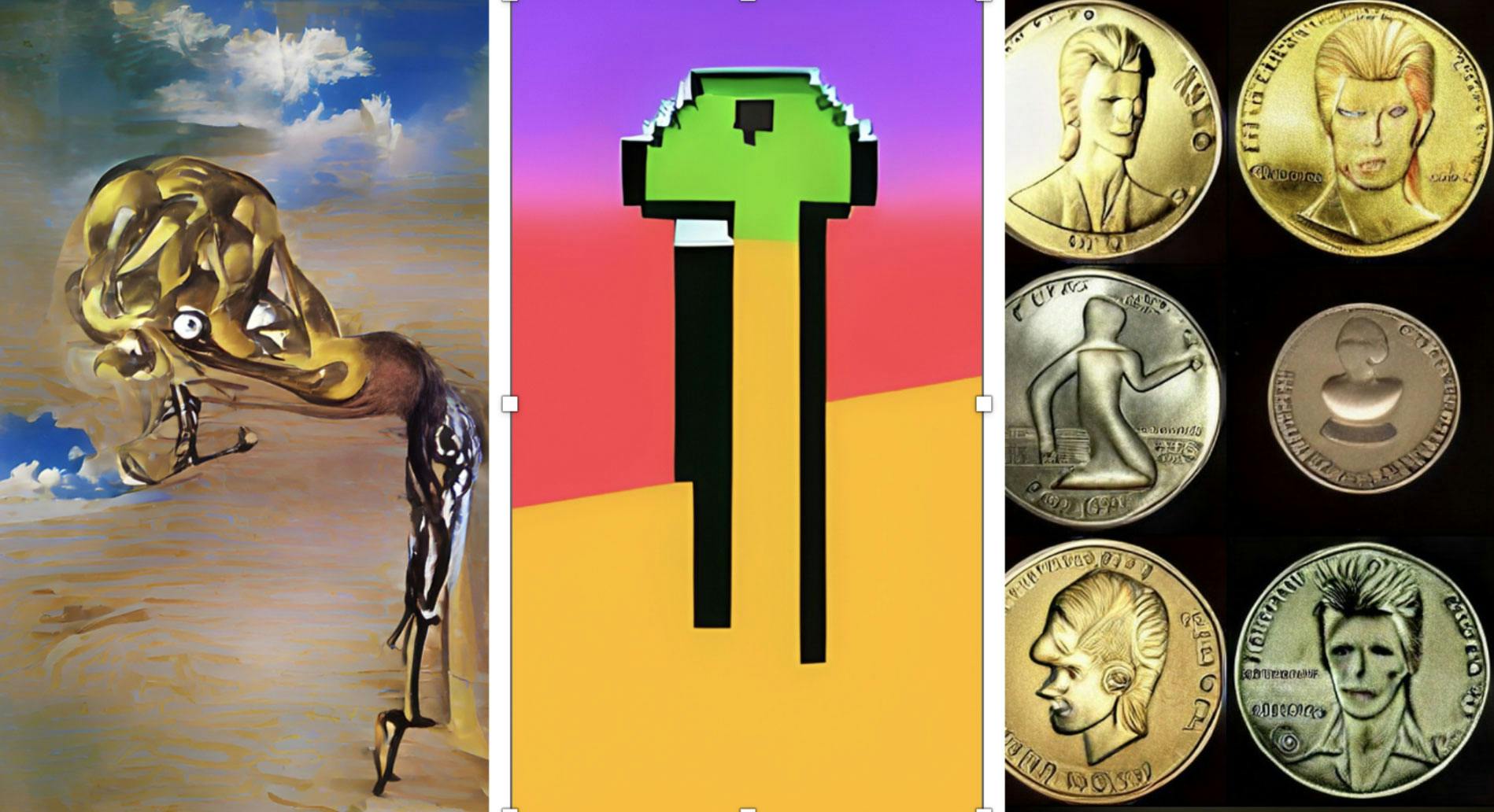 (Figs. 1-3) NFTWTF?, Pixel Plant, Bowie Coin, a selection of student AI-generated artworks, 2022 