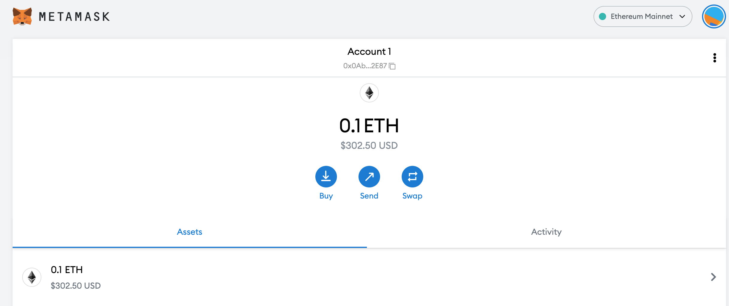 A wallet with a 0.1 ETH balance